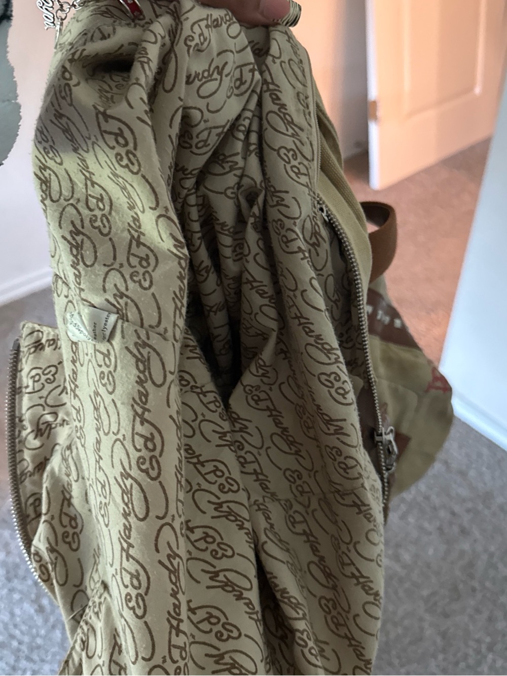 Ed Hardy Floral Embroidered Canvas Tote in Light Green with Brown Straps - Picture 3 of 3